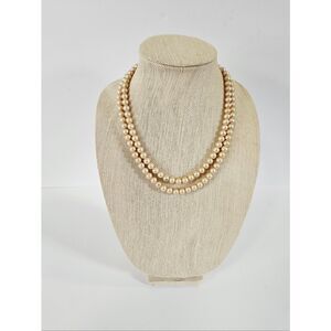 Vintage Dual-Strand Champagne Faux Pearl Decorative Ornate Clasp Necklace Choker